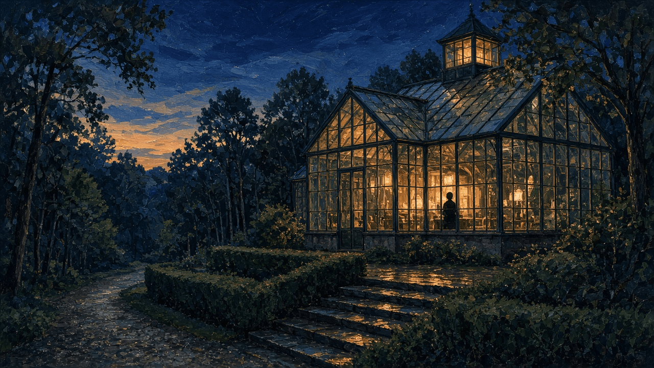A glasshouse at dusk, with a lantern by the path